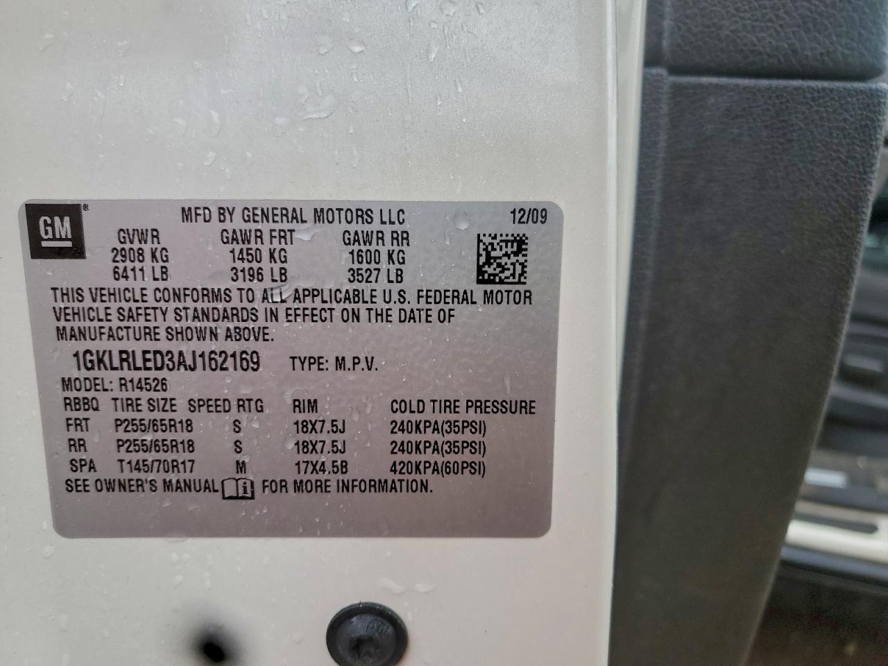 2010 GMC Acadia Sle VIN: 1GKLRLED3AJ162169 Lot: 93731605