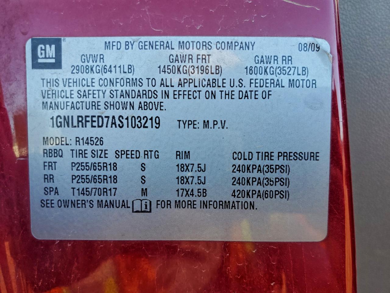 2010 Chevrolet Traverse Lt VIN: 1GNLRFED7AS103219 Lot: 94179485