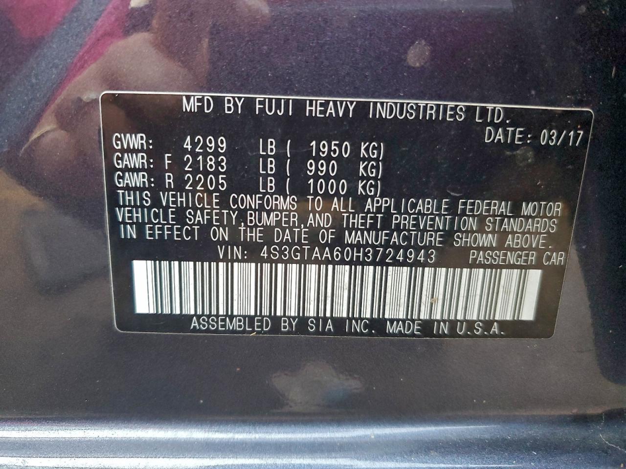 2017 Subaru Impreza VIN: 4S3GTAA60H3724943 Lot: 94316285