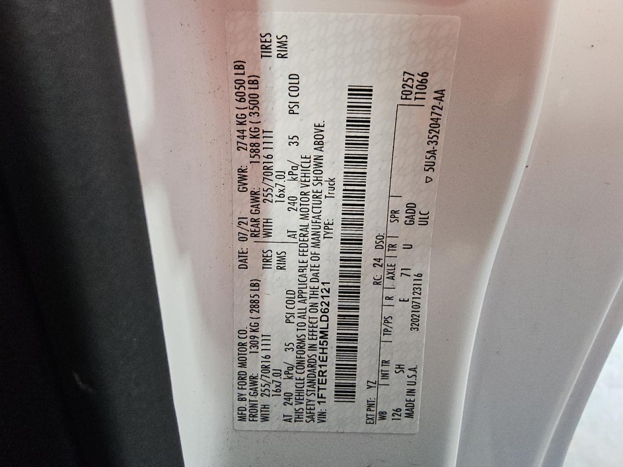 2021 Ford Ranger Xl VIN: 1FTER1EH5MLD62121 Lot: 91066905