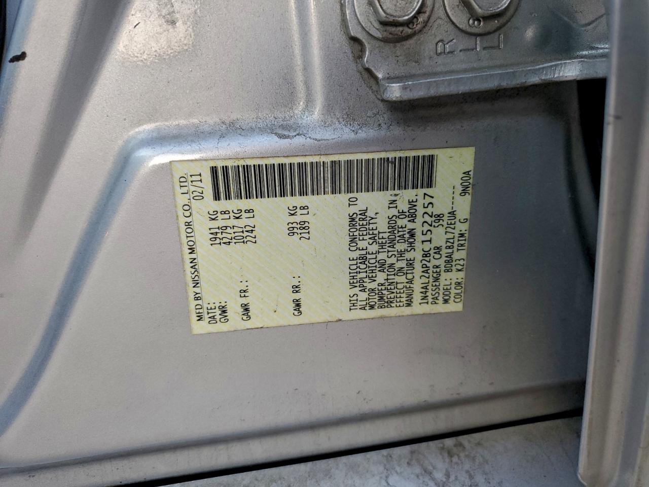 2011 Nissan Altima Base VIN: 1N4AL2AP2BC152257 Lot: 94639705