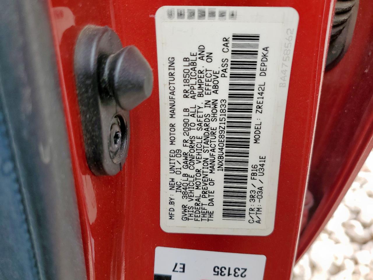 2009 Toyota Corolla Base VIN: 1NXBU40E89Z151833 Lot: 93384015