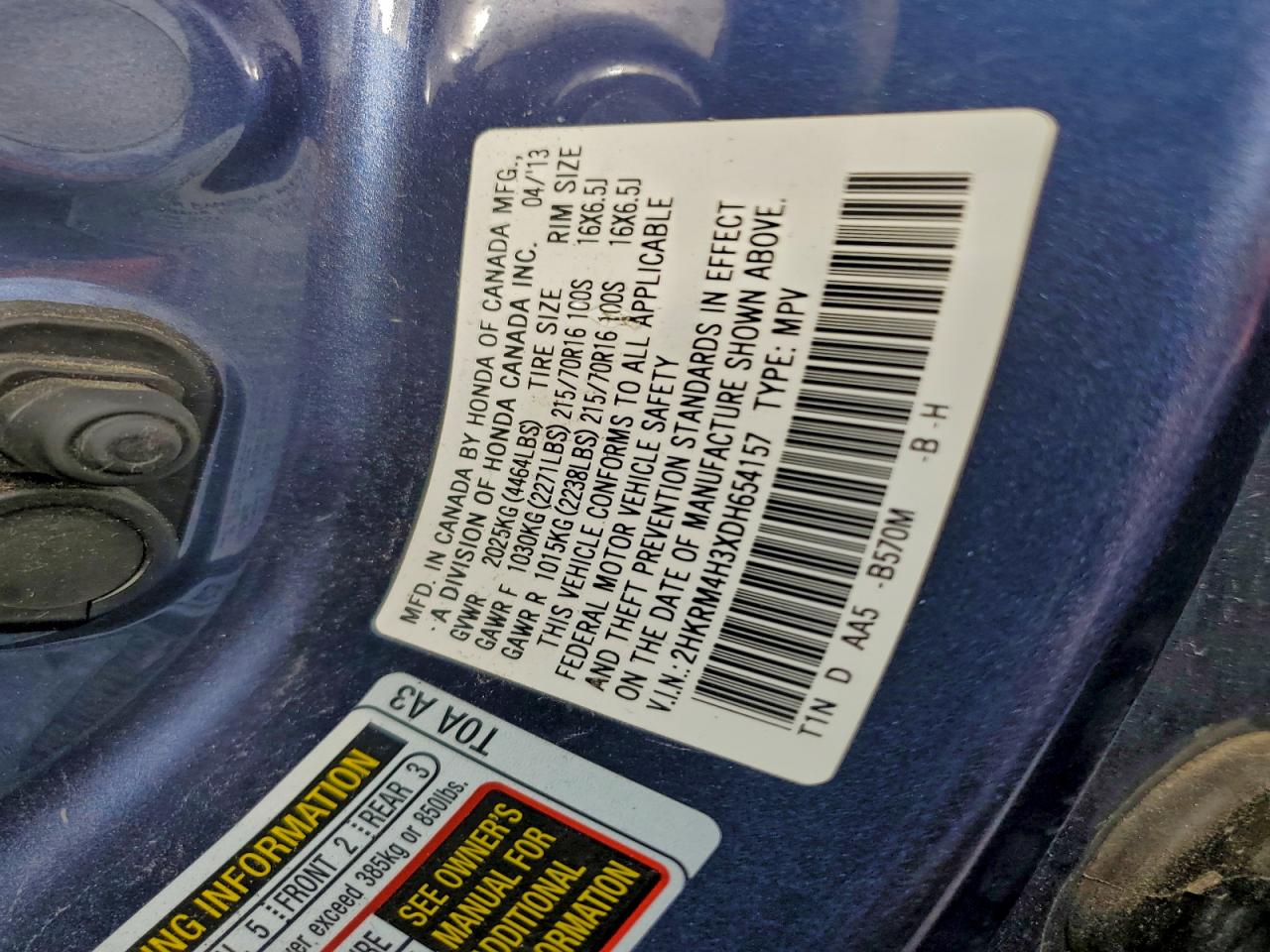 2013 Honda Cr-V Lx VIN: 2HKRM4H3XDH654157 Lot: 94299995