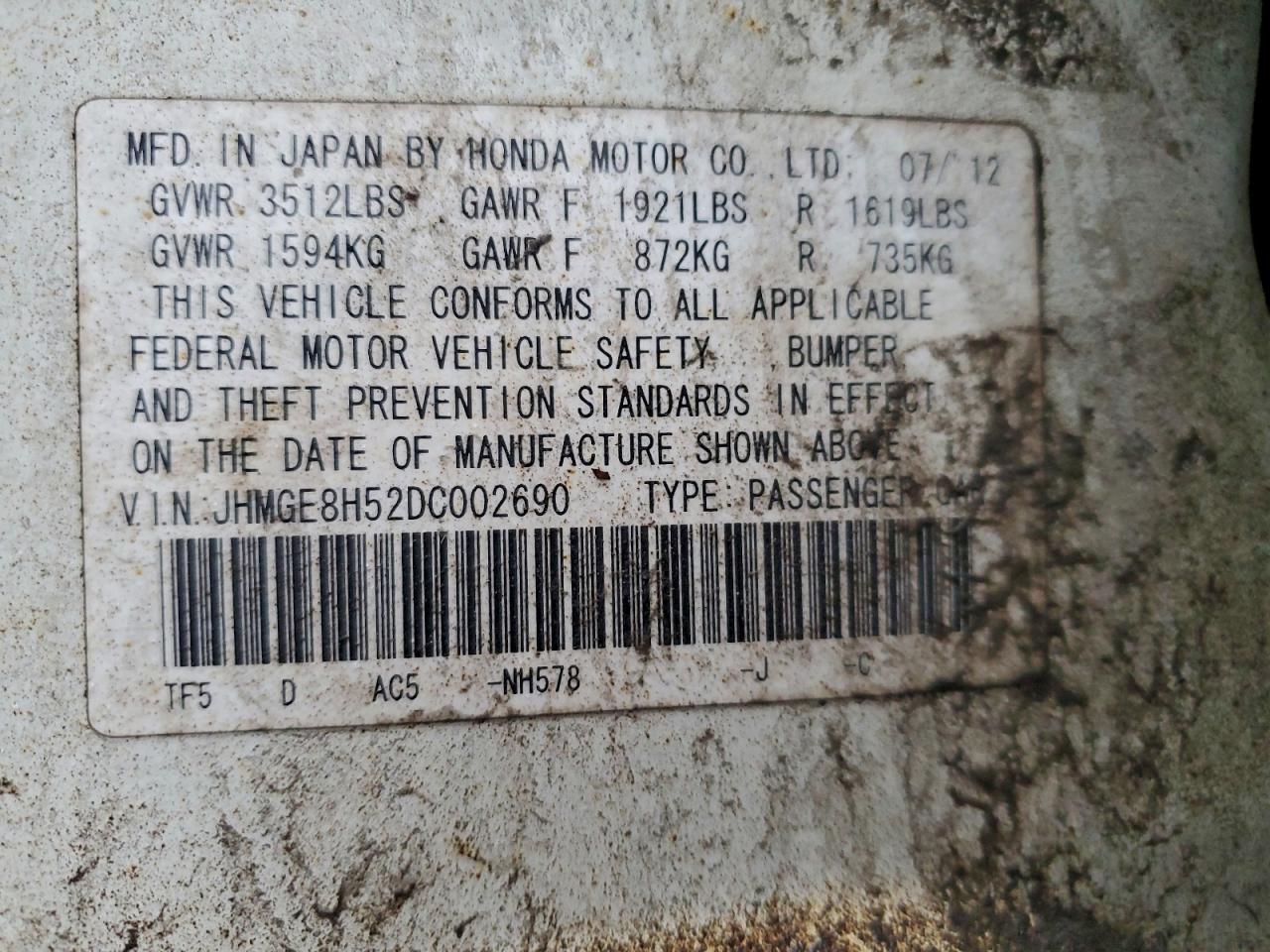 2013 Honda Fit Sport VIN: JHMGE8H52DC002690 Lot: 94177085