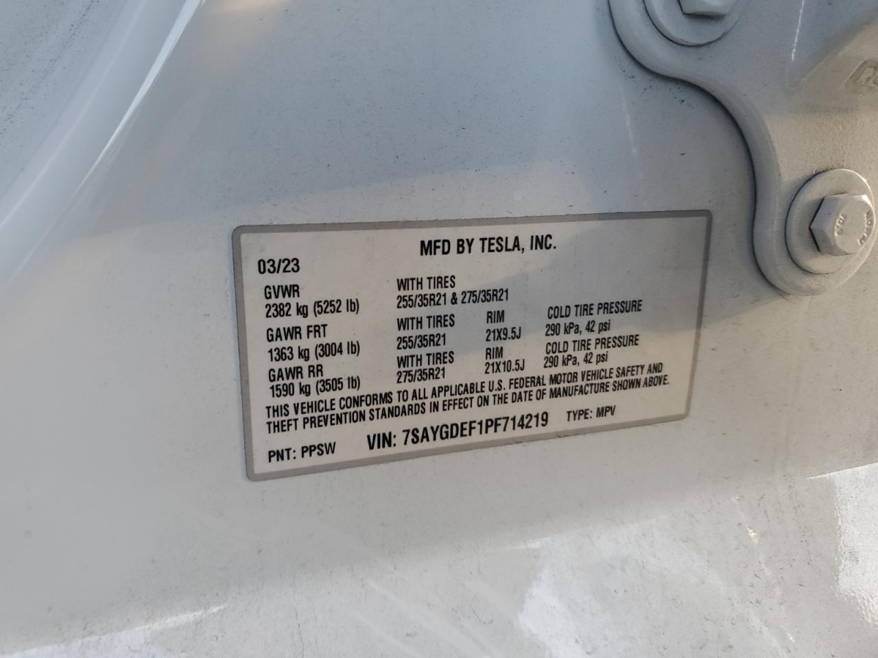 2023 Tesla Model Y VIN: 7SAYGDEF1PF714219 Lot: 91928375