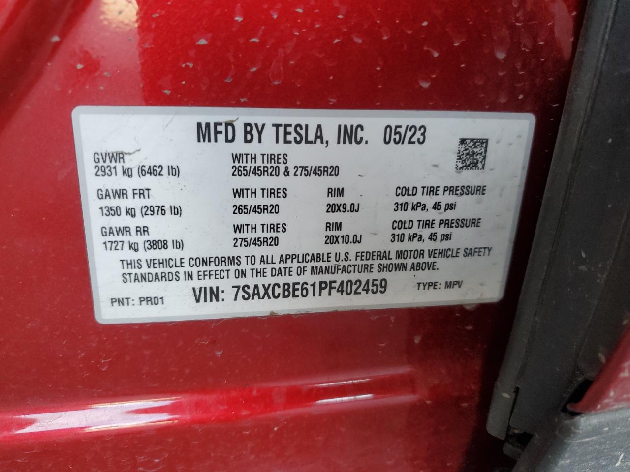 2023 Tesla Model X VIN: 7SAXCBE61PF402459 Lot: 90737695