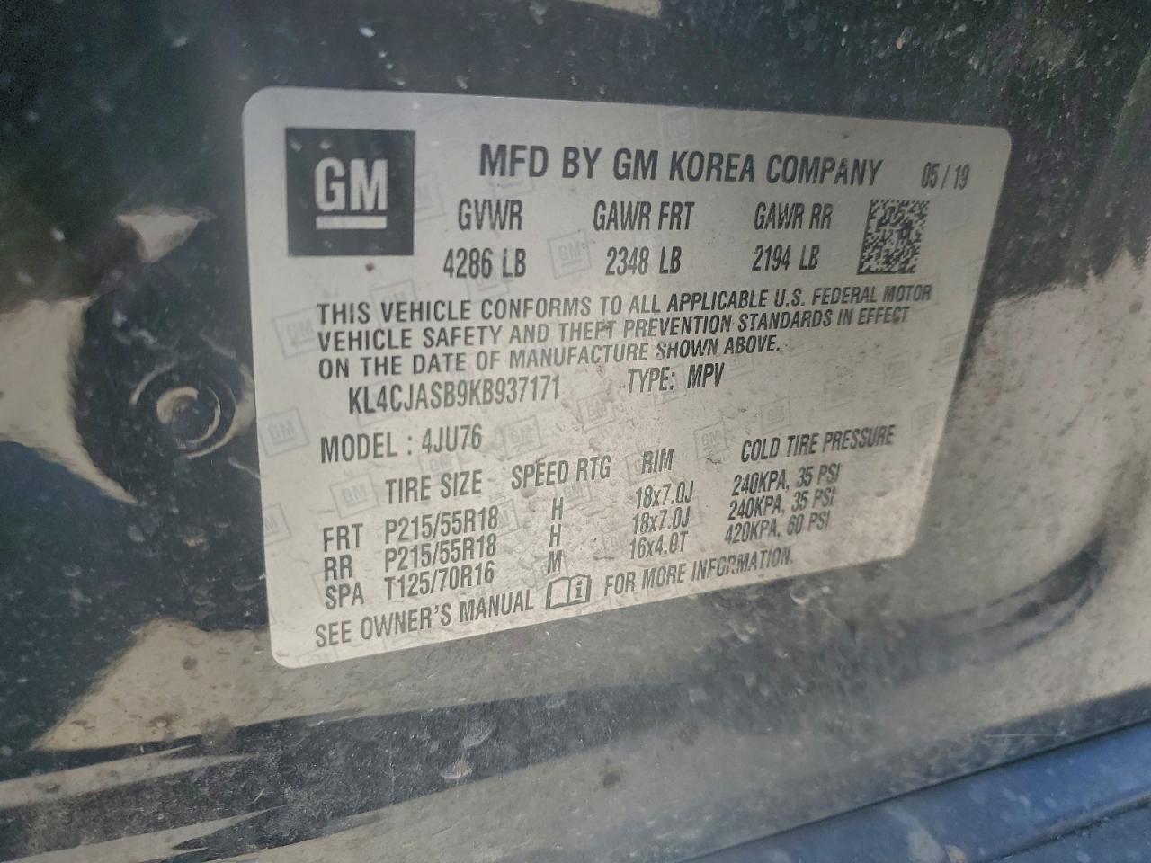 2019 Buick Encore Preferred VIN: KL4CJASB9KB937171 Lot: 91285625