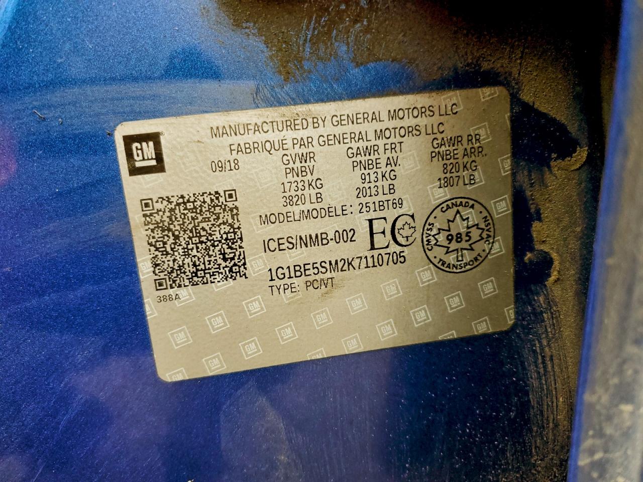 2019 Chevrolet Cruze Lt VIN: 1G1BE5SM2K7110705 Lot: 94660495