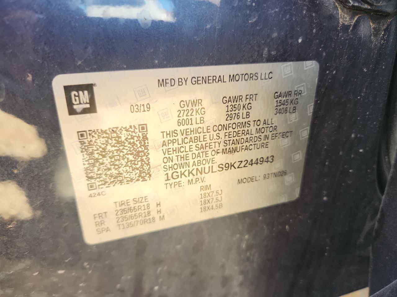 2019 GMC Acadia Slt-1 VIN: 1GKKNULS9KZ244943 Lot: 91013905