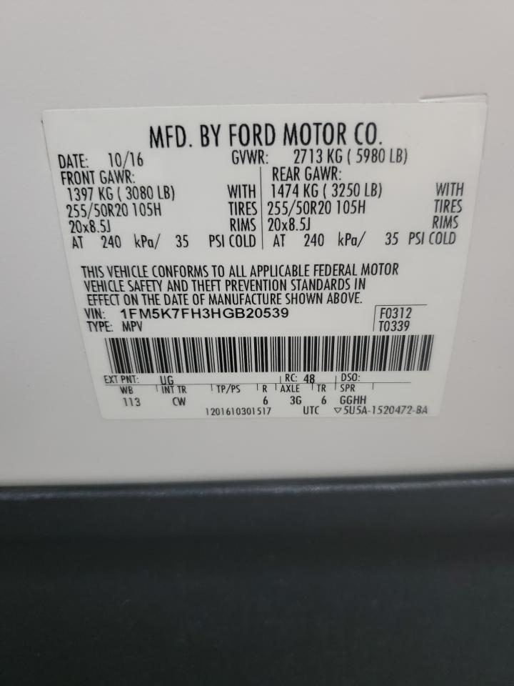 2017 Ford Explorer Limited VIN: 1FM5K7FH3HGB20539 Lot: 91788315