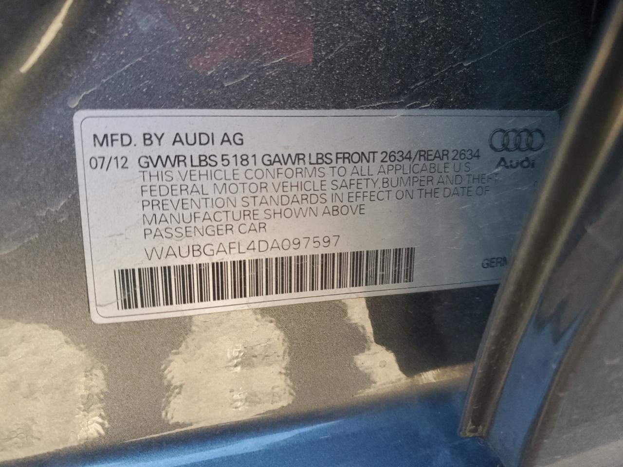 2013 Audi S4 Premium Plus VIN: WAUBGAFL4DA097597 Lot: 69376355