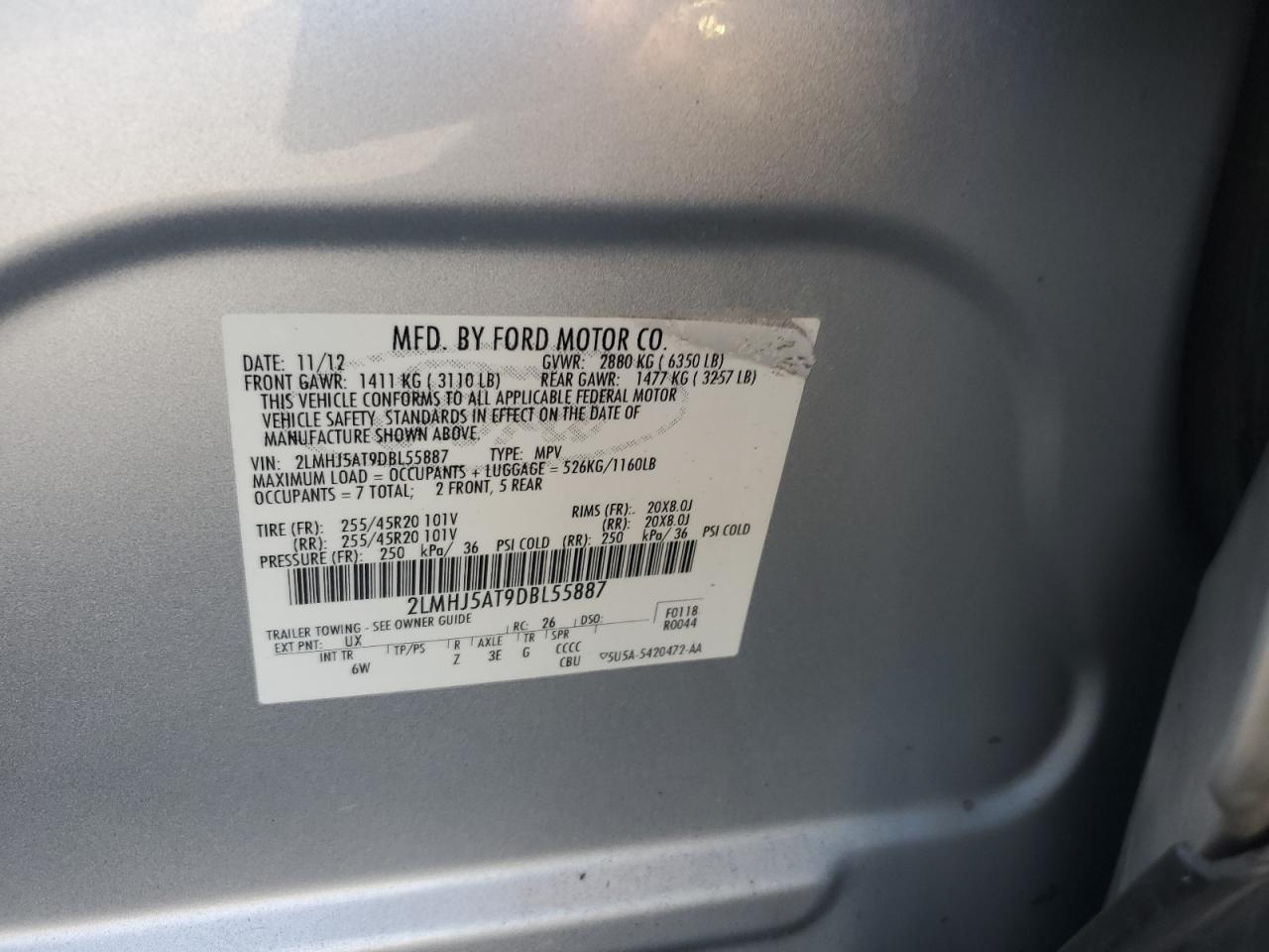 2013 Lincoln Mkt VIN: 2LMHJ5AT9DBL55887 Lot: 92597095