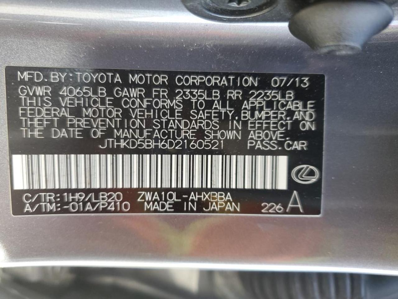 2013 Lexus Ct 200 VIN: JTHKD5BH6D2160521 Lot: 90683355