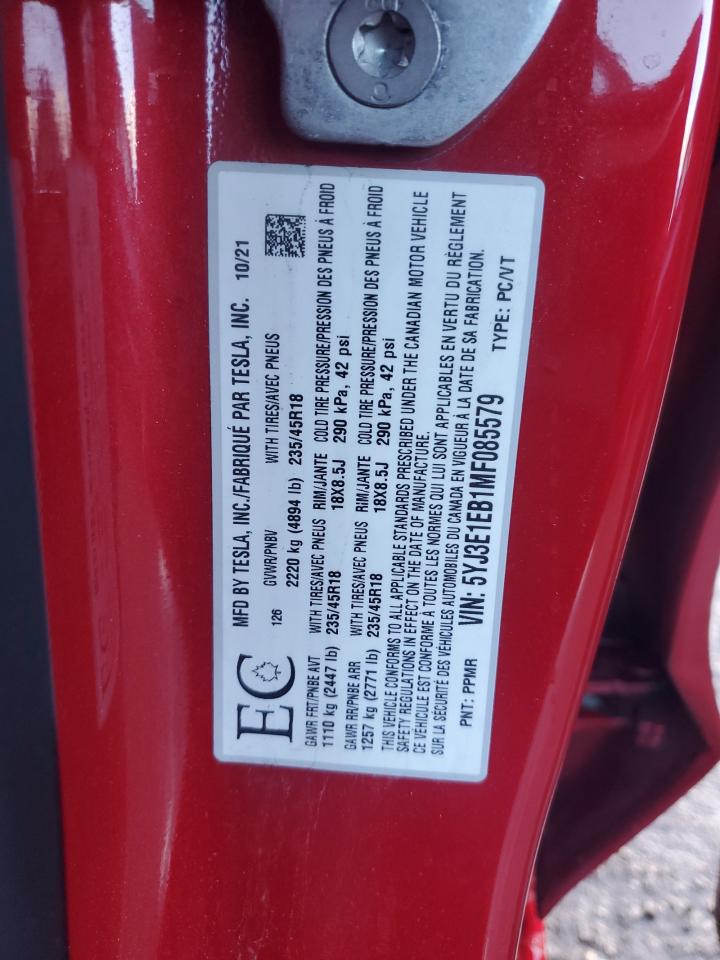 2021 Tesla Model 3 VIN: 5YJ3E1EB1MF085579 Lot: 92600845