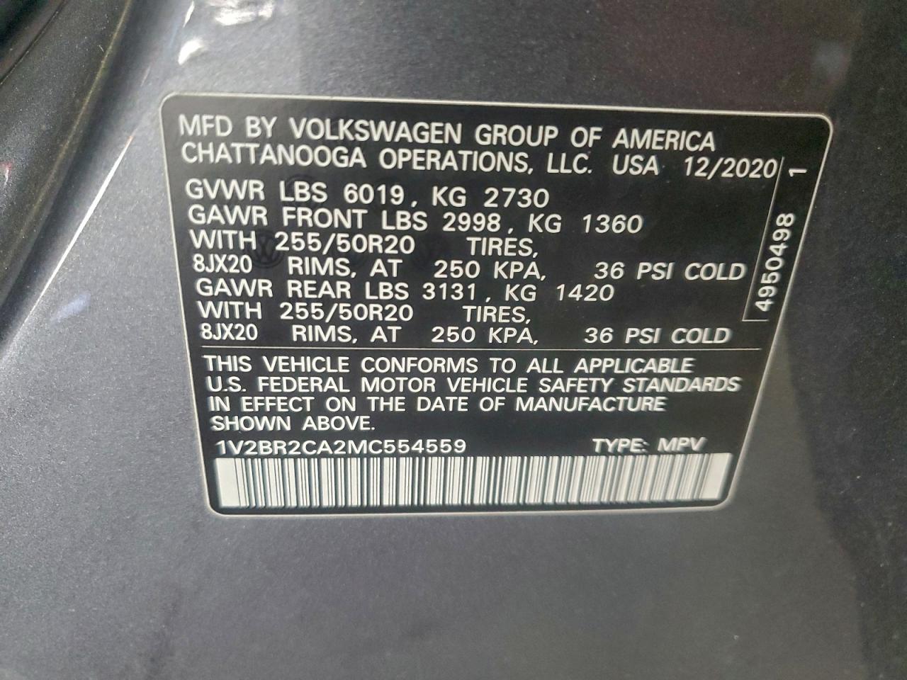 2021 Volkswagen Atlas Sel VIN: 1V2BR2CA2MC554559 Lot: 93439245