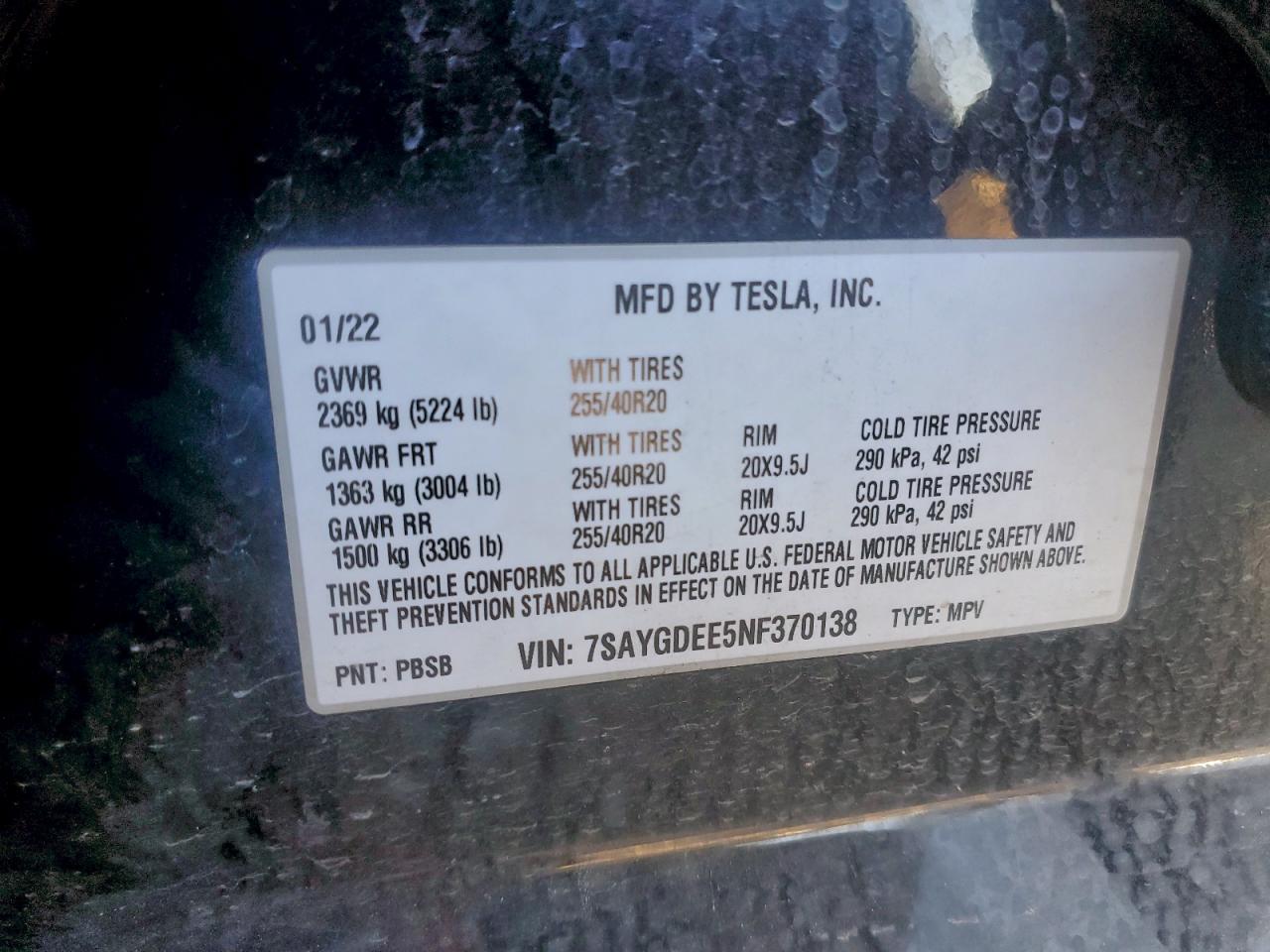 2022 Tesla Model Y VIN: 7SAYGDEE5NF370138 Lot: 93924335