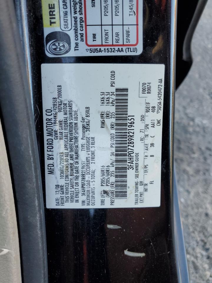 2009 Ford Fusion Se VIN: 3FAHP07Z89R219651 Lot: 91090715