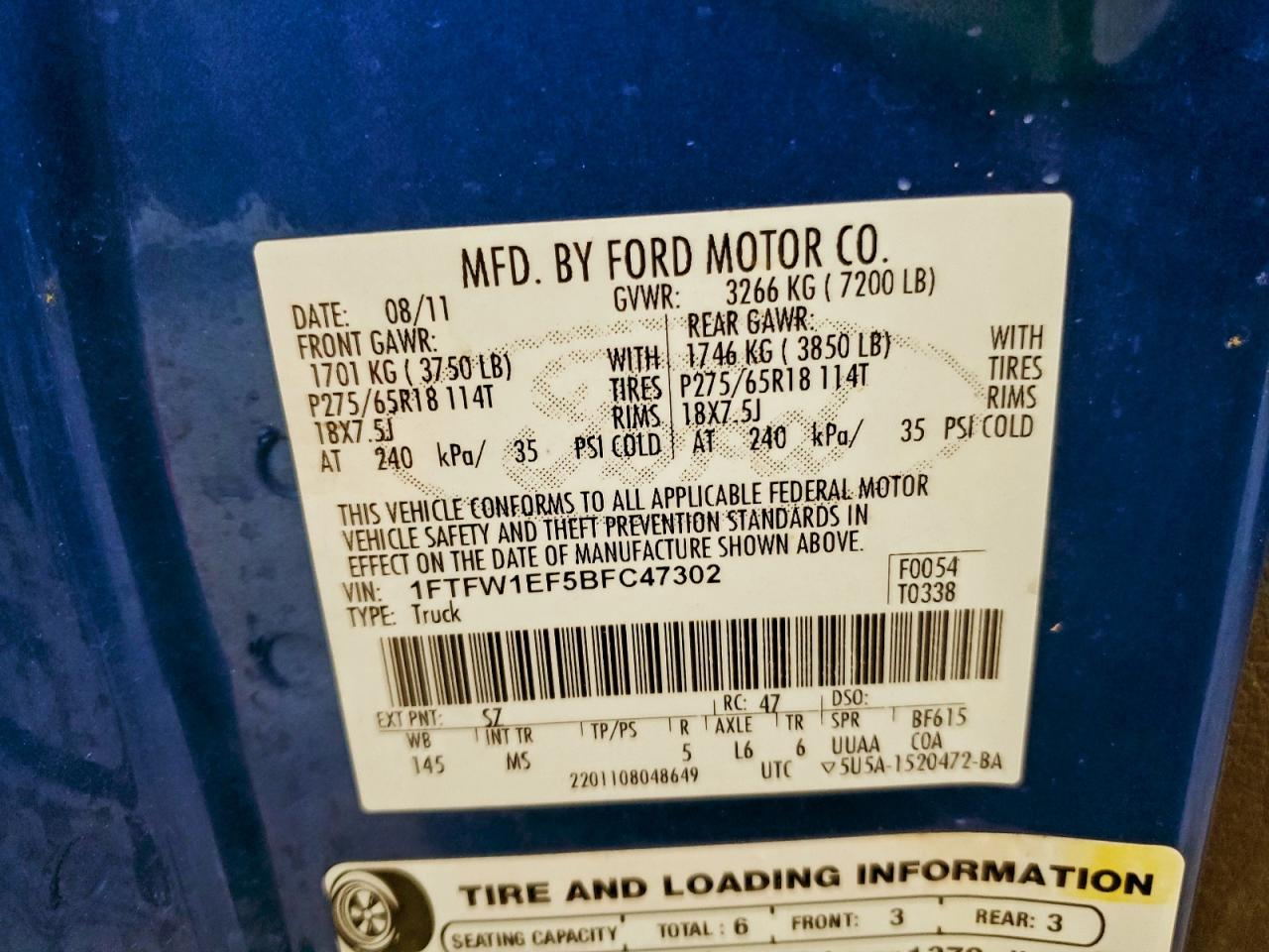 2011 Ford F150 Supercrew VIN: 1FTFW1EF5BFC47302 Lot: 93513685