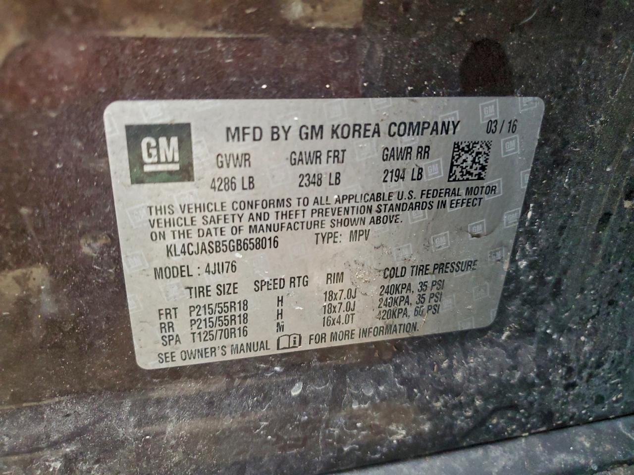 2016 Buick Encore VIN: KL4CJASB5GB658016 Lot: 93518015