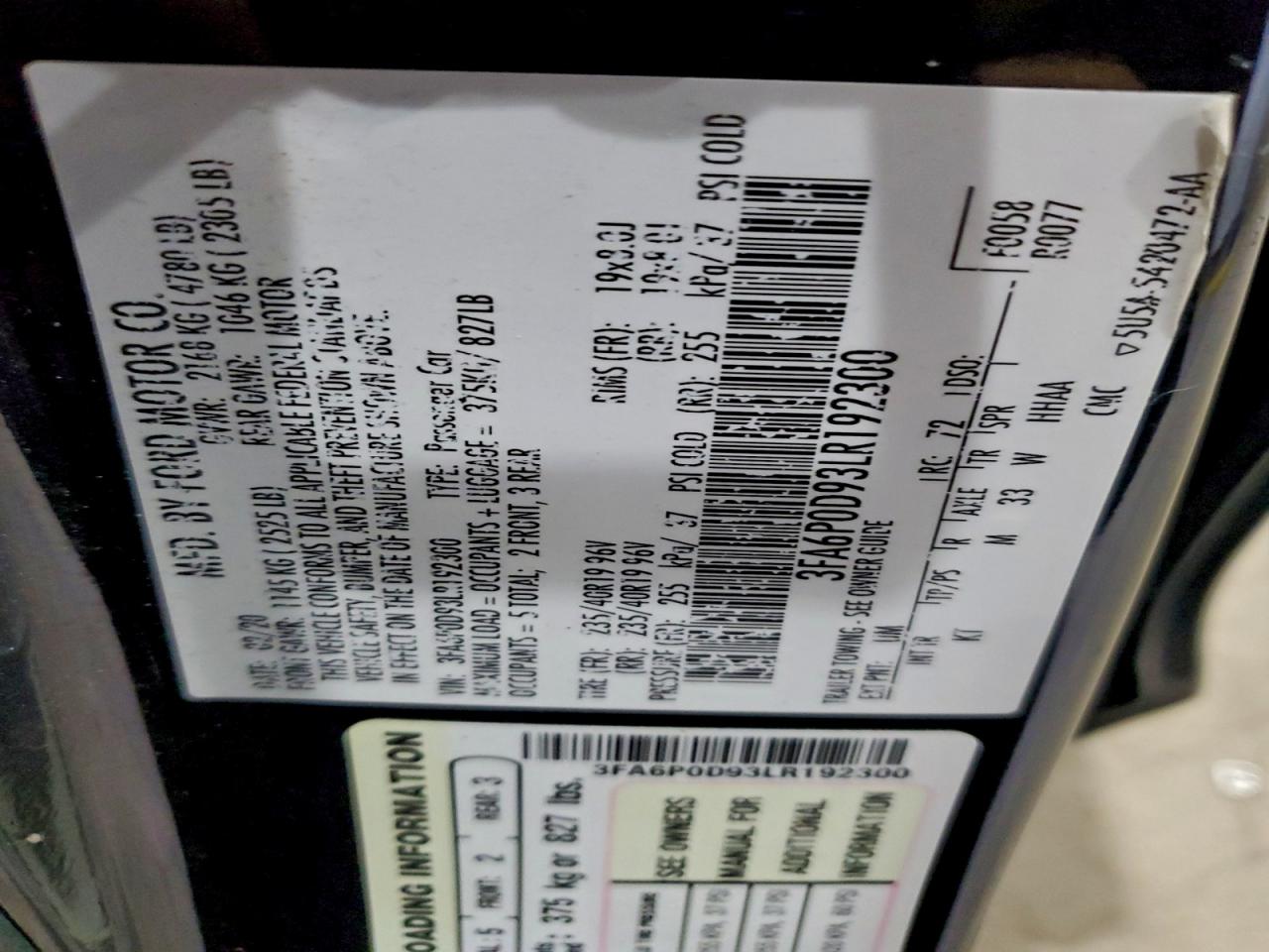 2020 Ford Fusion Titanium VIN: 3FA6P0D93LR192300 Lot: 93635945