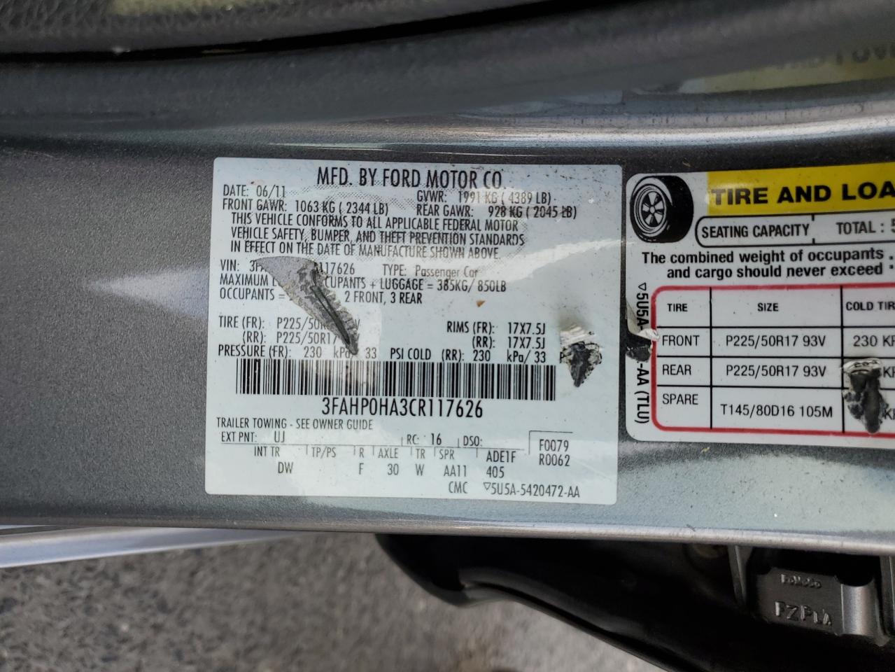 2012 Ford Fusion Se VIN: 3FAHP0HA3CR117626 Lot: 91818315