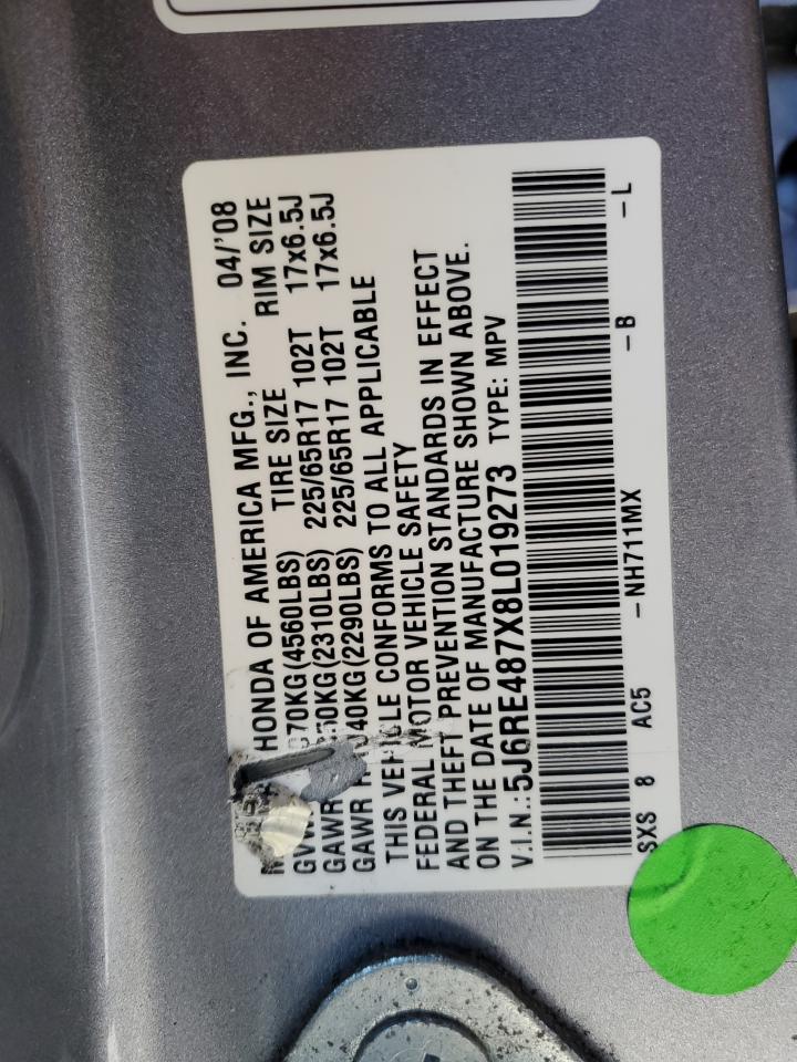 2008 Honda Cr-V Exl VIN: 5J6RE487X8L019273 Lot: 92202375