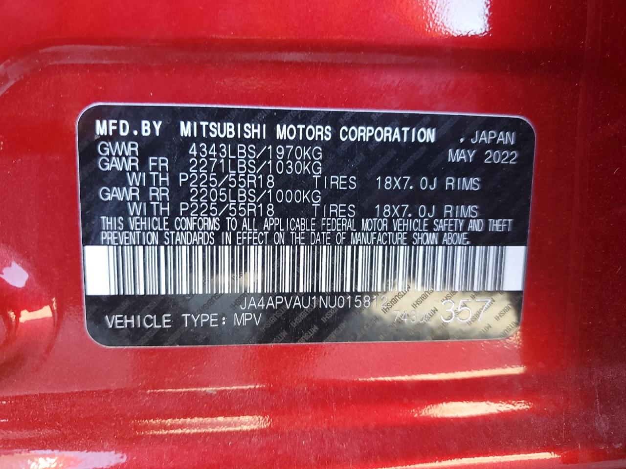 2022 Mitsubishi Outlander Sport Se VIN: JA4APVAU1NU015812 Lot: 91893615