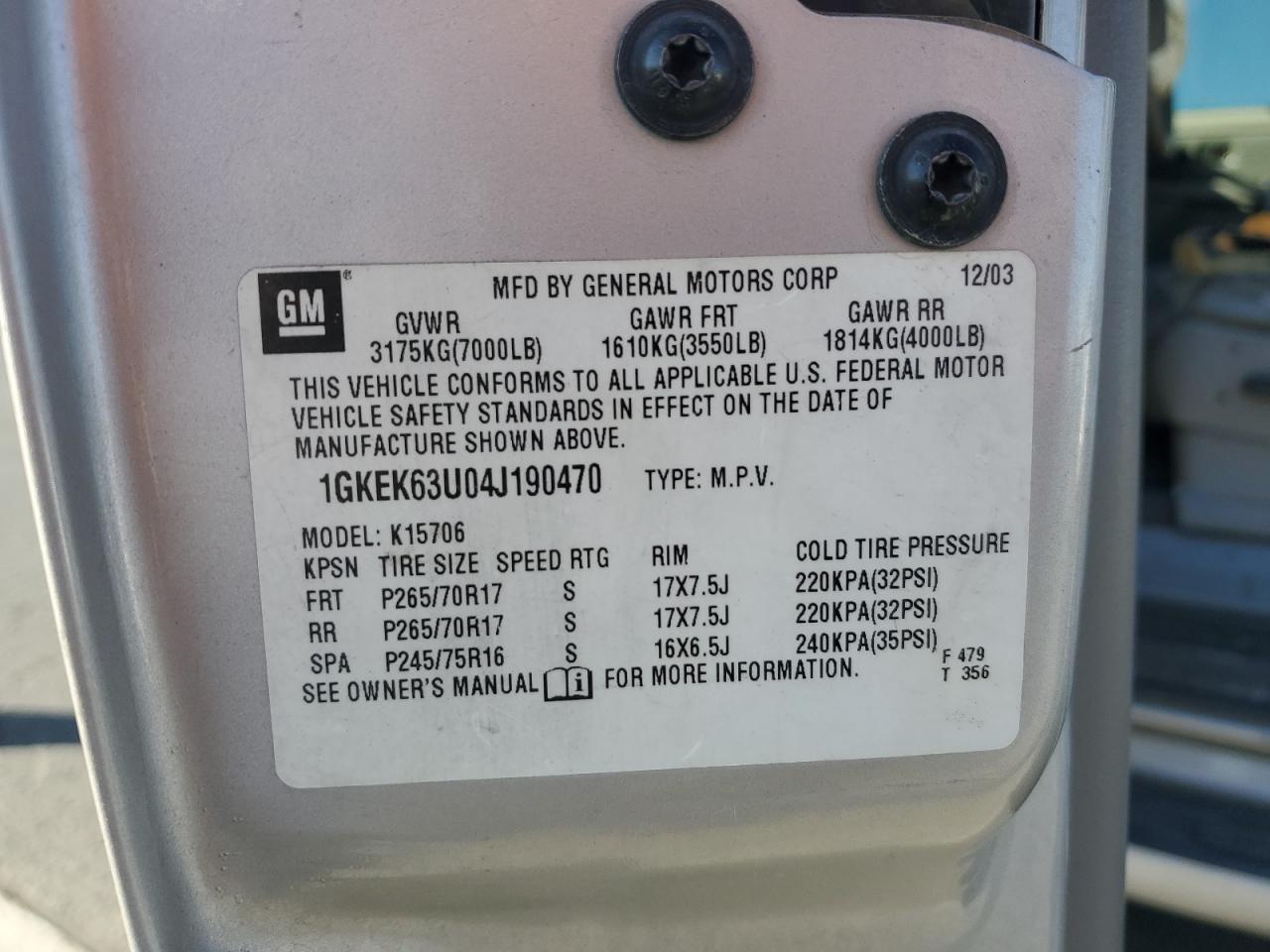 2004 GMC Yukon Denali VIN: 1GKEK63U04J190470 Lot: 91241815