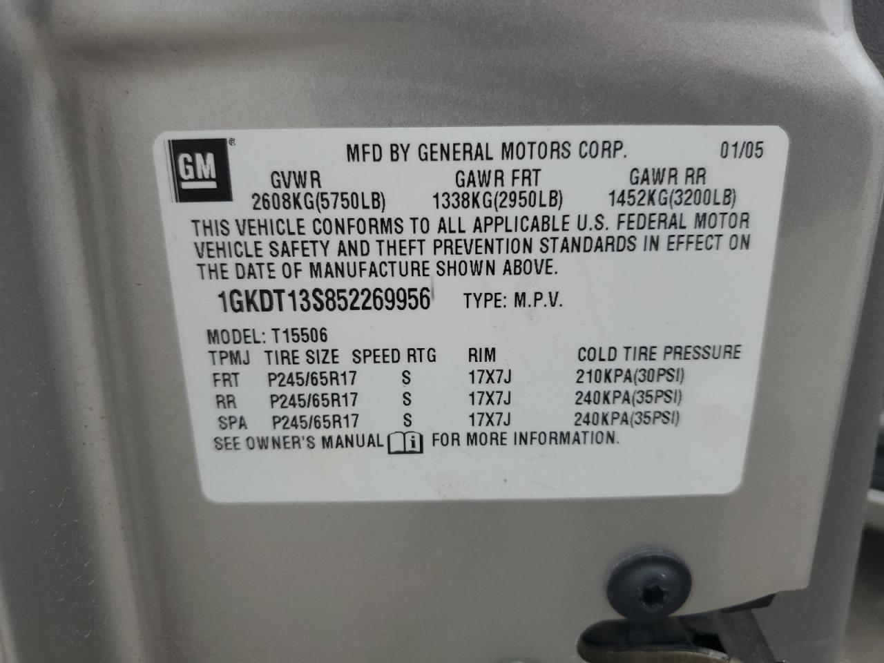 2005 GMC Envoy VIN: 1GKDT13S852269956 Lot: 93485615