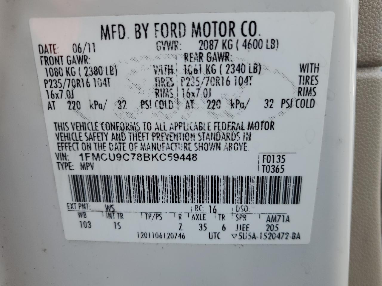 2011 Ford Escape Xls VIN: 1FMCU9C78BKC59448 Lot: 92461435