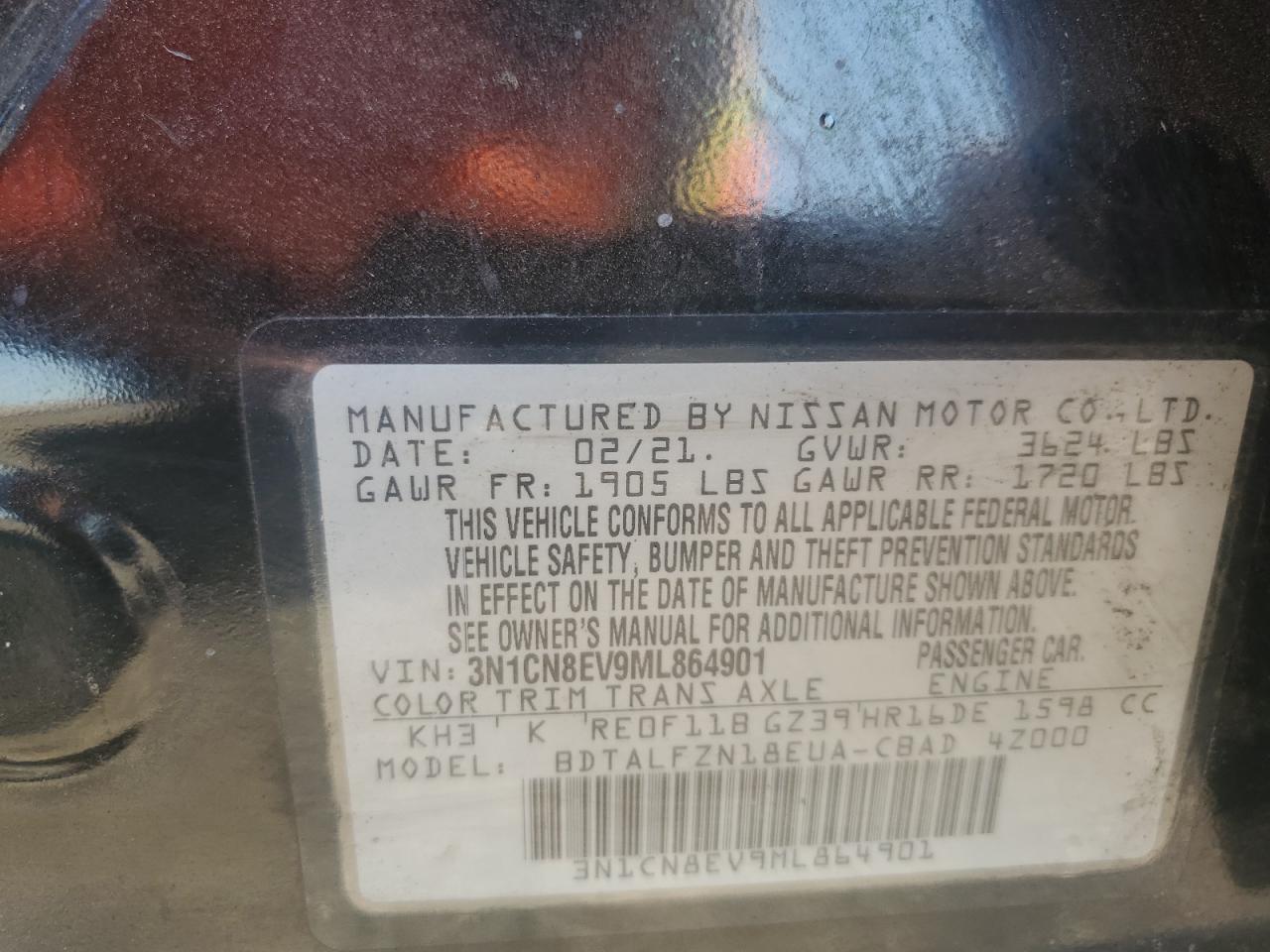 2021 Nissan Versa Sv VIN: 3N1CN8EV9ML864901 Lot: 93456065