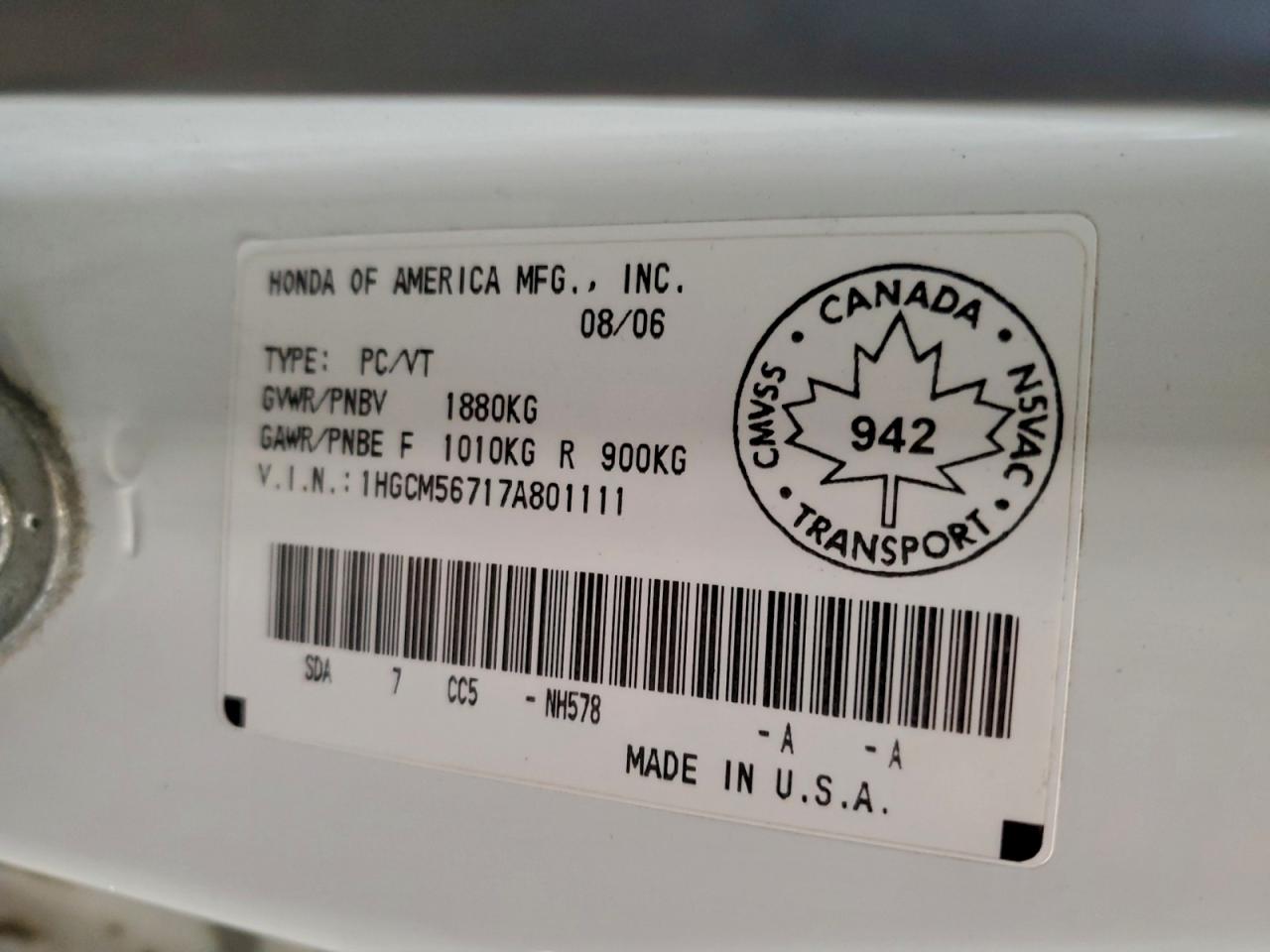 2007 Honda Accord Ex VIN: 1HGCM56717A801111 Lot: 94532035