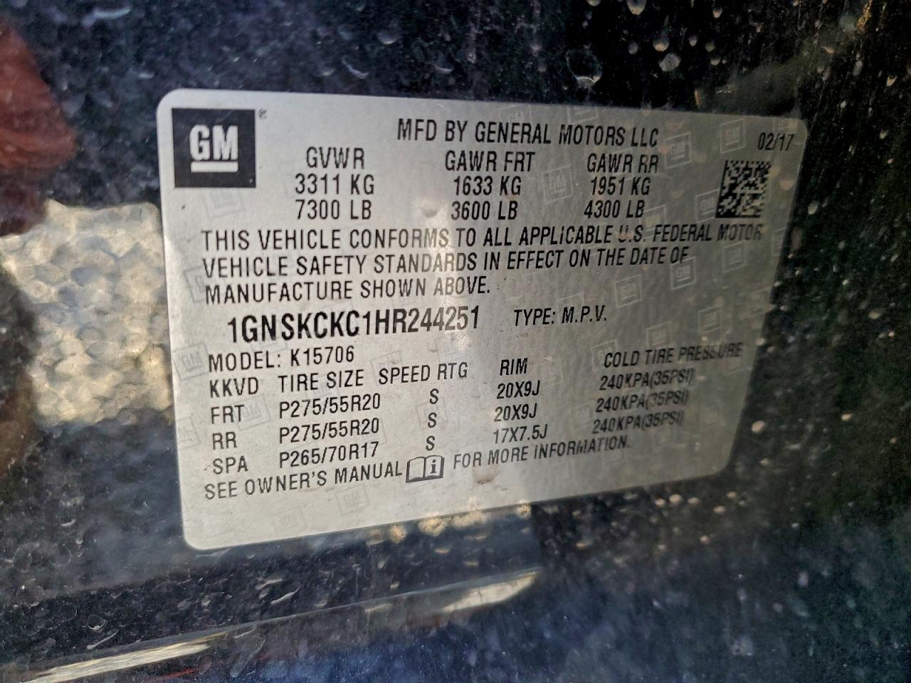 2017 Chevrolet Tahoe K1500 Premier VIN: 1GNSKCKC1HR244251 Lot: 93878385
