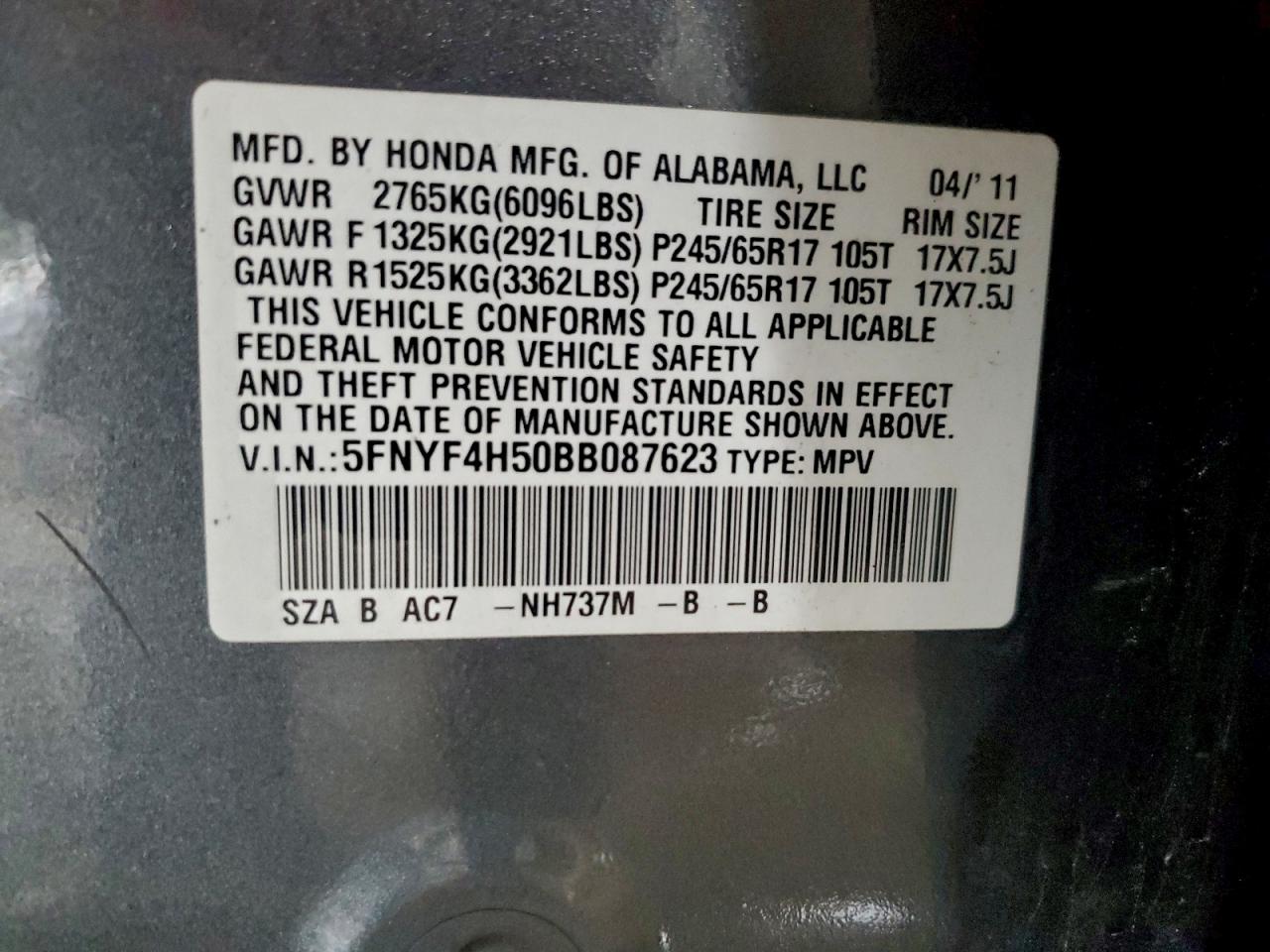 2011 Honda Pilot Exl VIN: 5FNYF4H50BB087623 Lot: 93830615