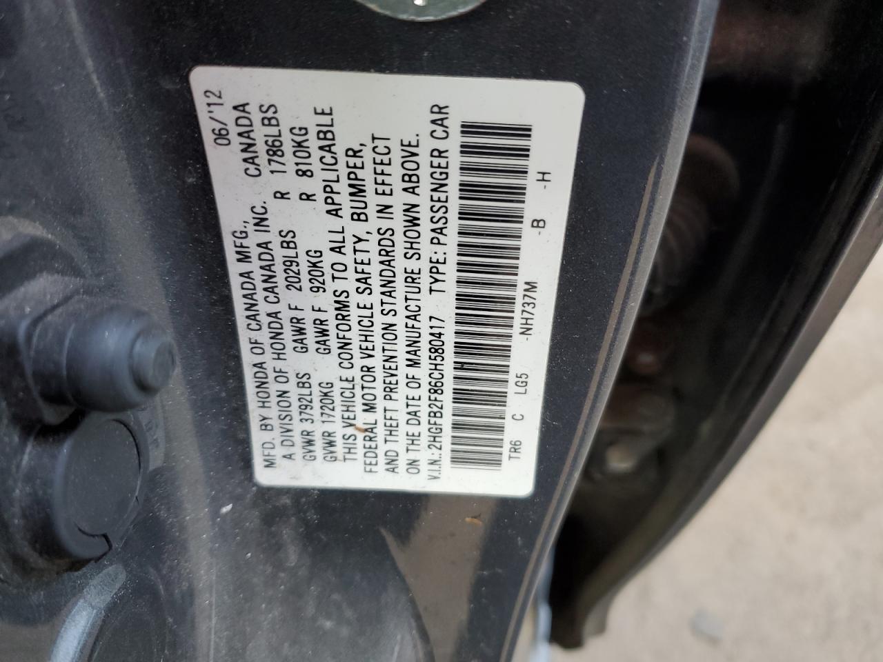 2012 Honda Civic Ex VIN: 2HGFB2F86CH580417 Lot: 92996655