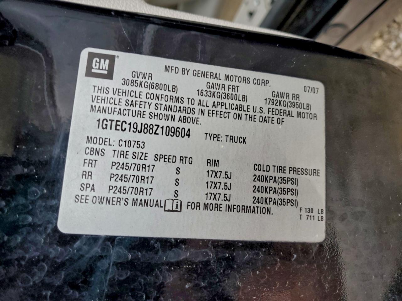2008 GMC Sierra C1500 VIN: 1GTEC19J88Z109604 Lot: 93720925