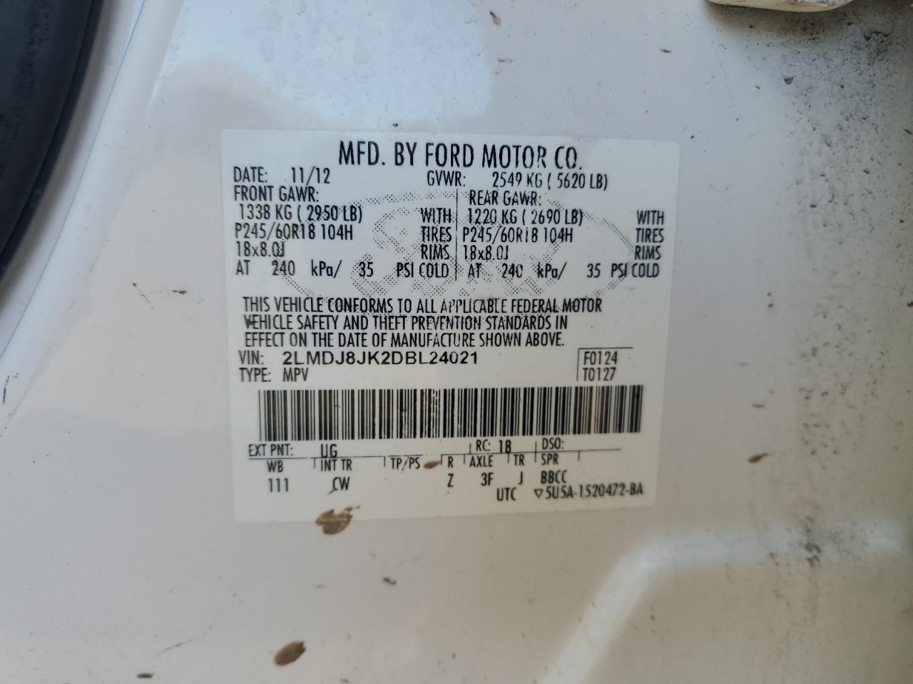 2013 Lincoln Mkx VIN: 2LMDJ8JK2DBL24021 Lot: 92296365