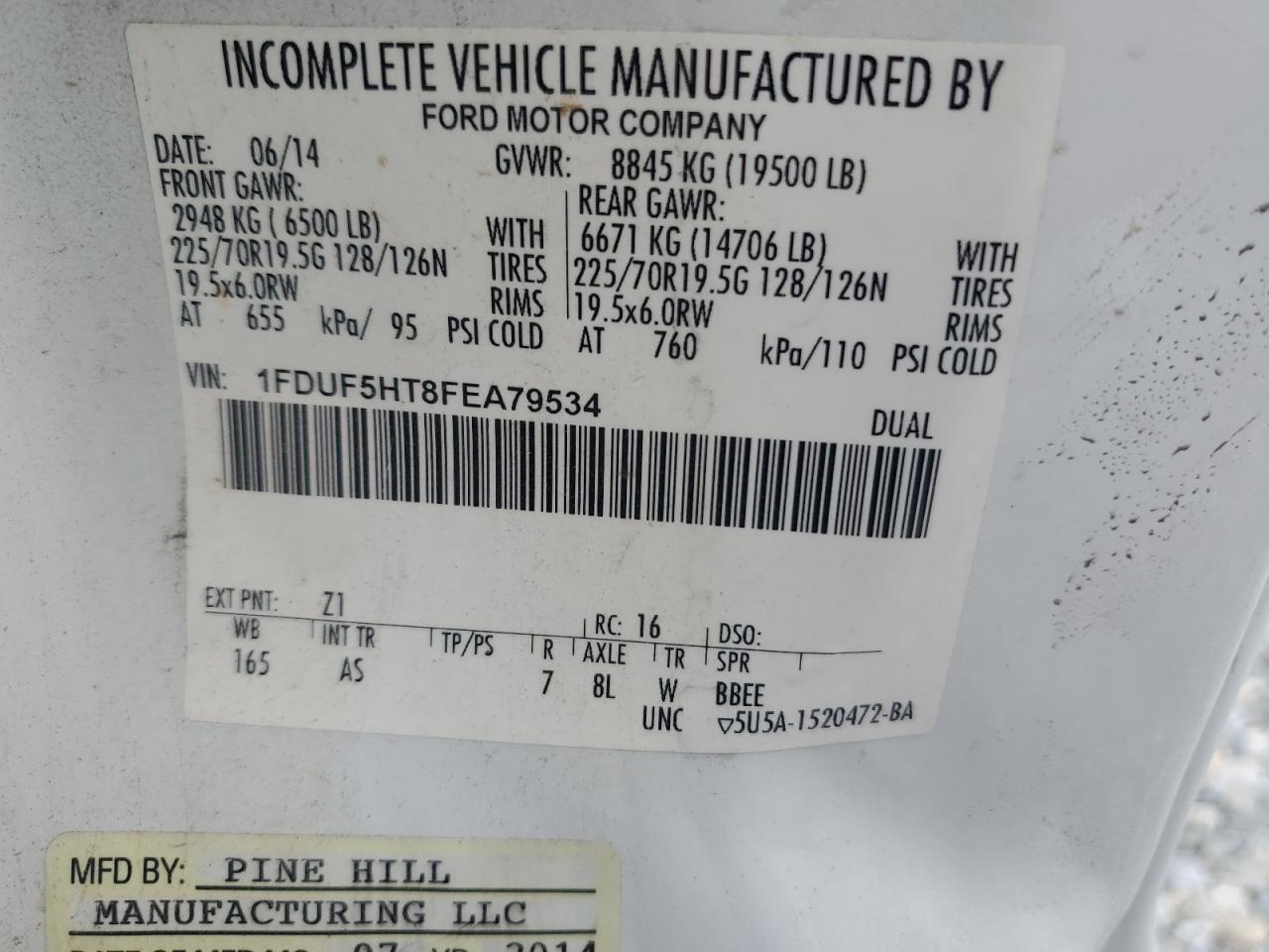 2015 Ford F550 Super Duty VIN: 1FDUF5HT8FEA79534 Lot: 92414185