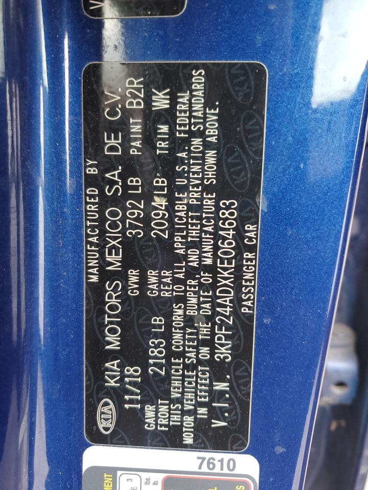 2019 Kia Forte Fe VIN: 3KPF24ADXKE064683 Lot: 91944165