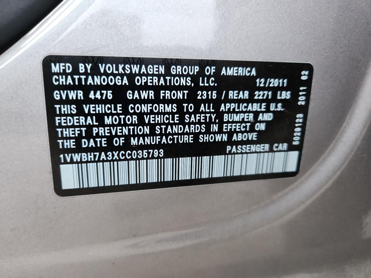 2012 Volkswagen Passat Se VIN: 1VWBH7A3XCC035793 Lot: 92343775