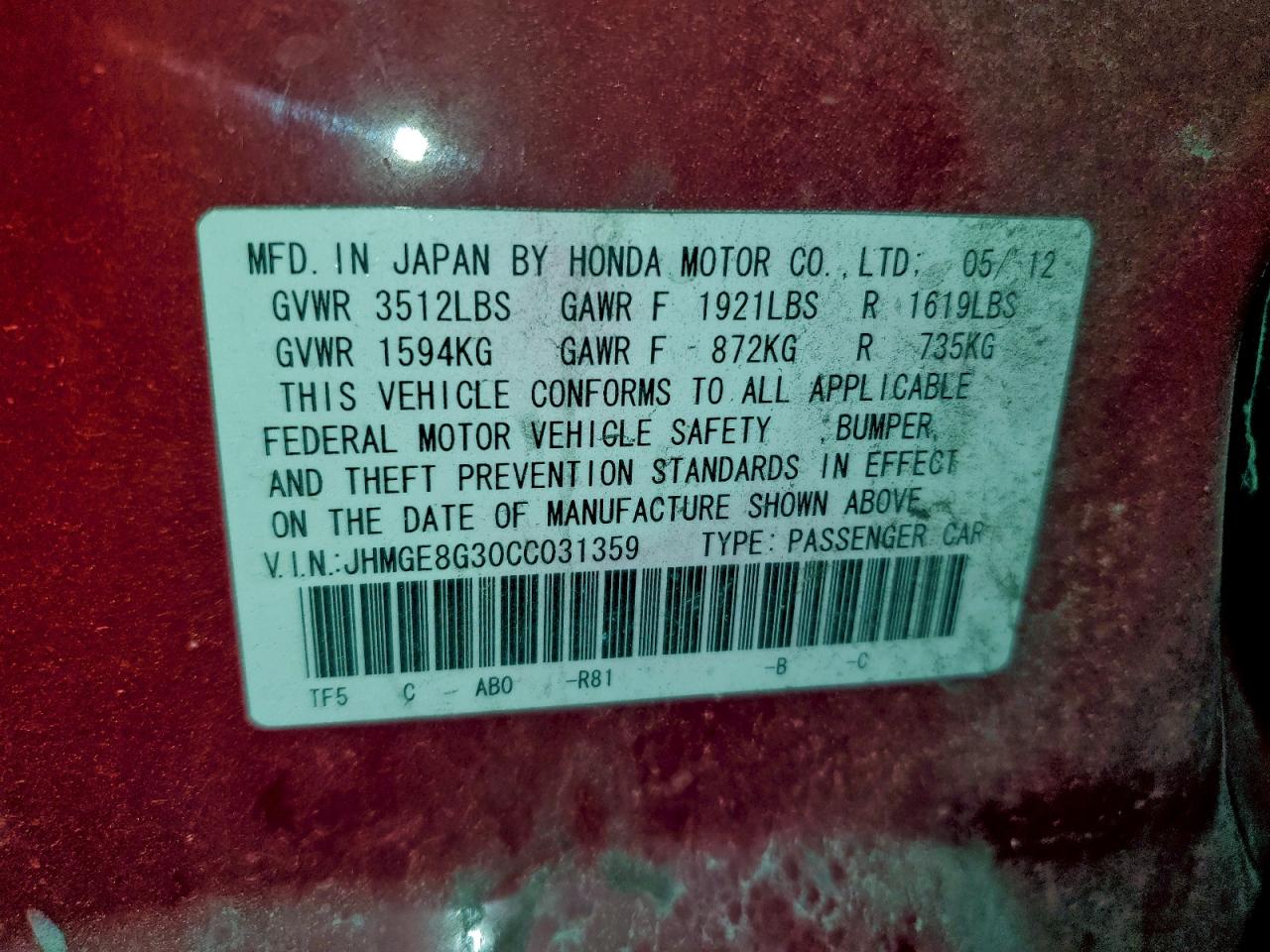 2012 Honda Fit VIN: JHMGE8G30CC031359 Lot: 94592535