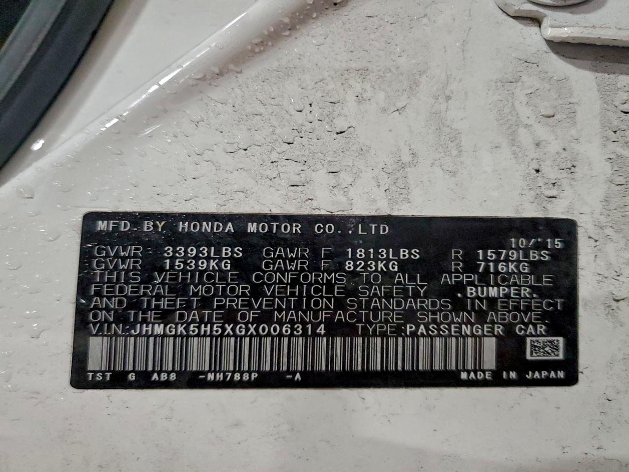 2016 Honda Fit Lx VIN: JHMGK5H5XGX006314 Lot: 94238675