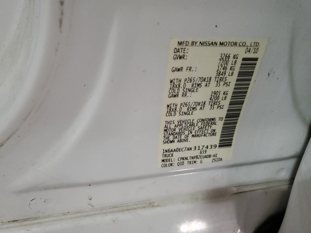 2010 Nissan Titan Xe VIN: 1N6AA0EC7AN317439 Lot: 92788125