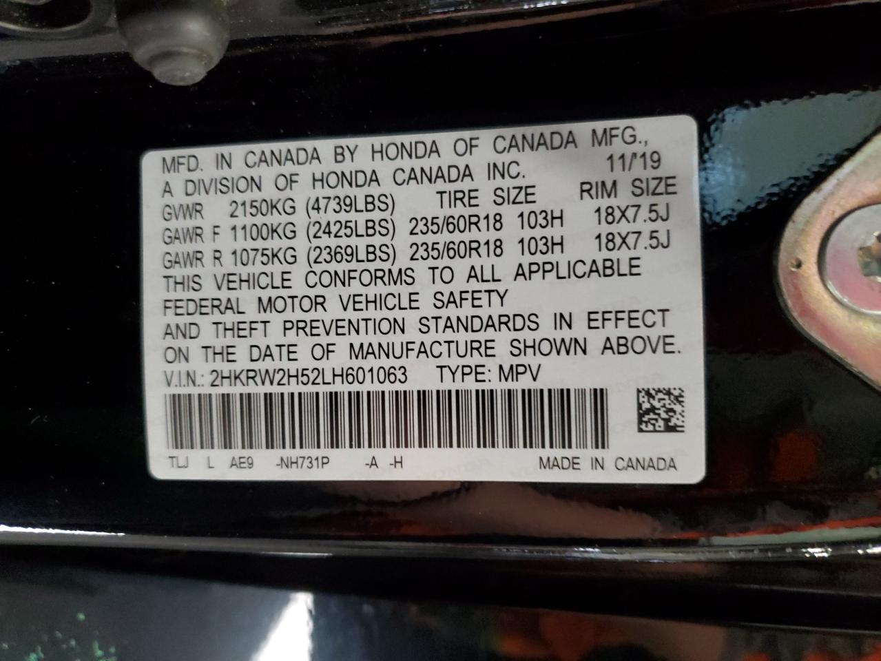 2020 Honda Cr-V Ex VIN: 2HKRW2H52LH601063 Lot: 92414735