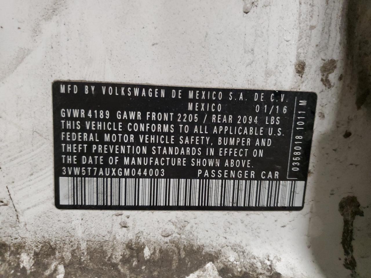 2016 Volkswagen Gti S/Se VIN: 3VW5T7AUXGM044003 Lot: 91801215