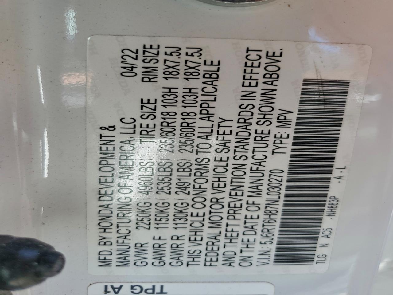 2022 Honda Cr-V Exl VIN: 5J6RT6H87NL030270 Lot: 85436195