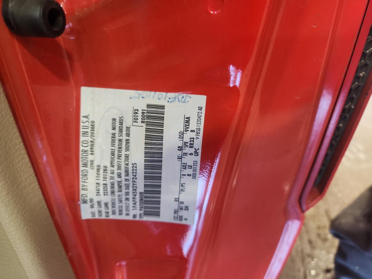 2000 Ford Mustang Gt VIN: 1FAFP45X2YF242225 Lot: 91826185