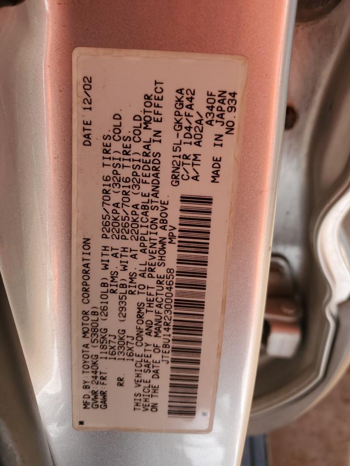 2003 Toyota 4Runner Sr5 VIN: JTEBU14R230004658 Lot: 93145605