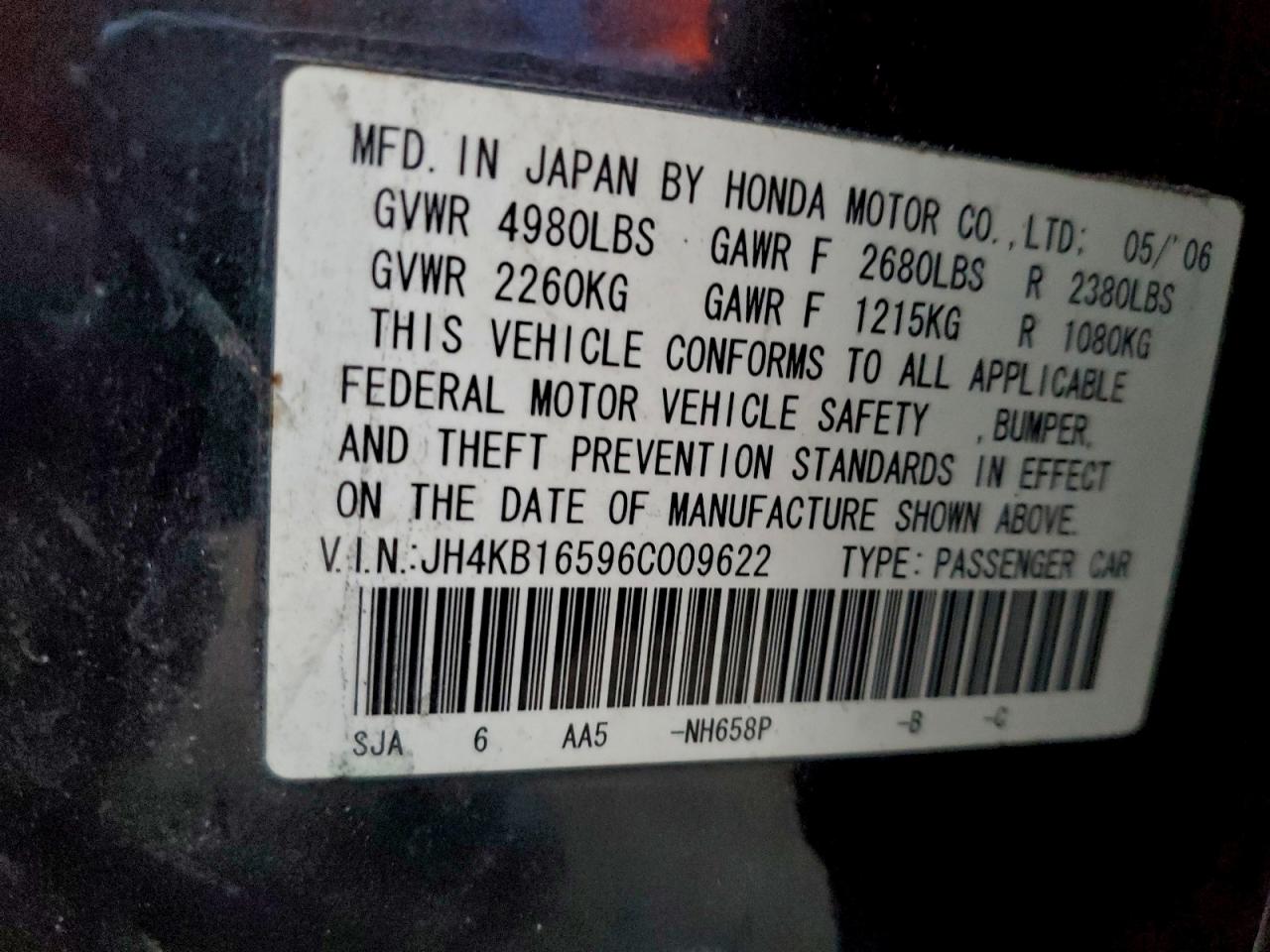 2006 Acura Rl VIN: JH4KB16596C009622 Lot: 93959635