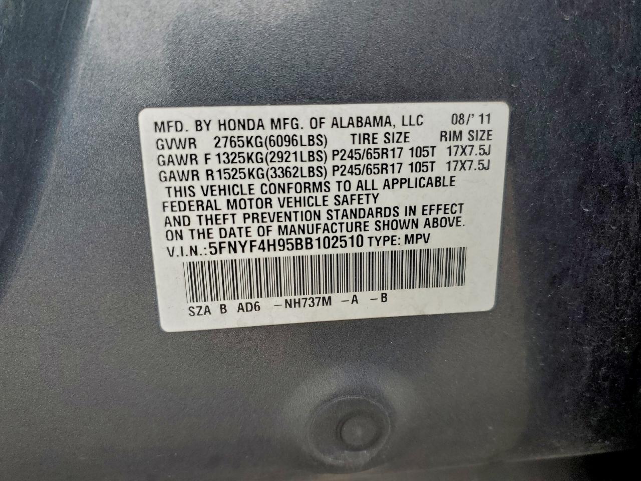 2011 Honda Pilot Touring VIN: 5FNYF4H95BB102510 Lot: 93776725